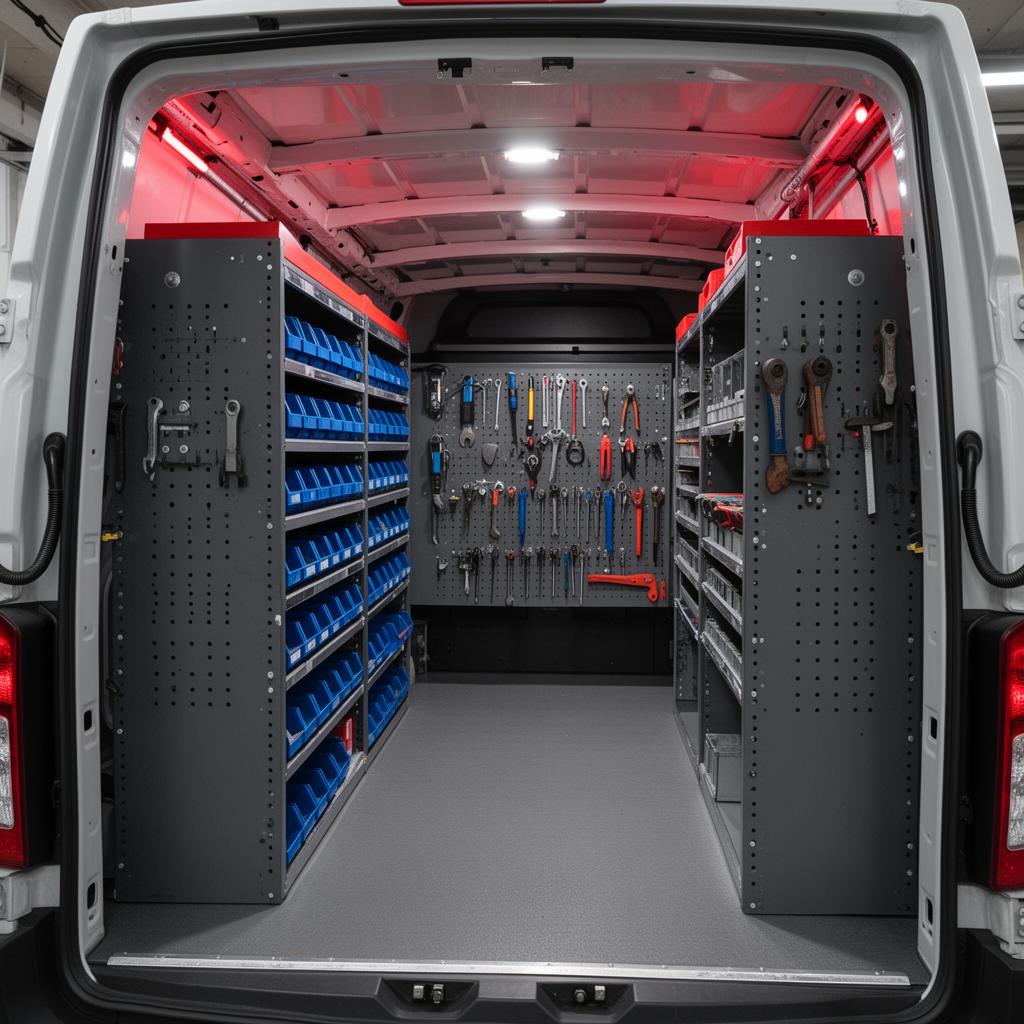 Upfit interior with organized shelving and tool storage